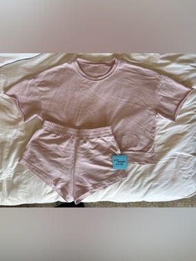 Women's Pink Lounge Short Set - Relaxed Crop Tee & Elastic Waist Shorts